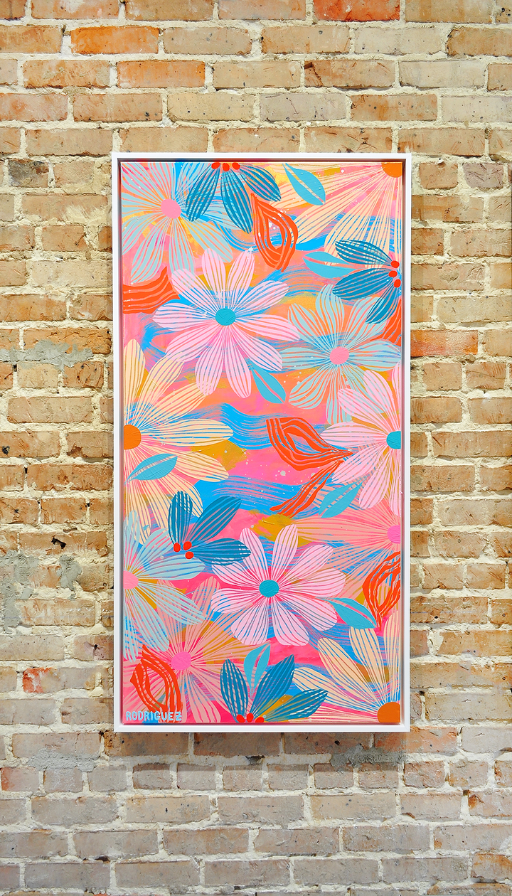 Pale Pink Floating Floral - Framed 25.5x49.5 on Canvas