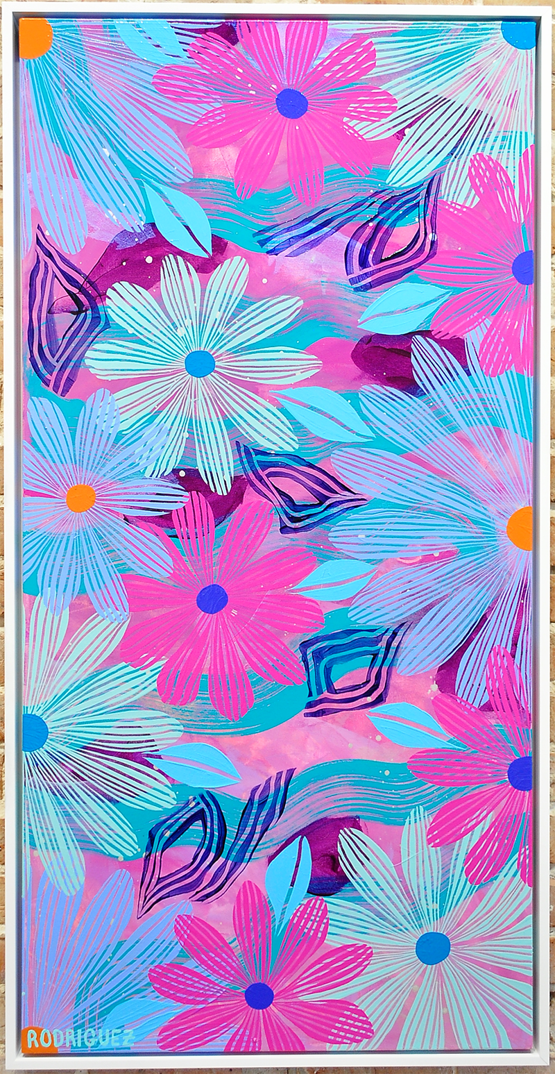 Magenta Floating Floral - Framed 25.5x49.5 on Canvas