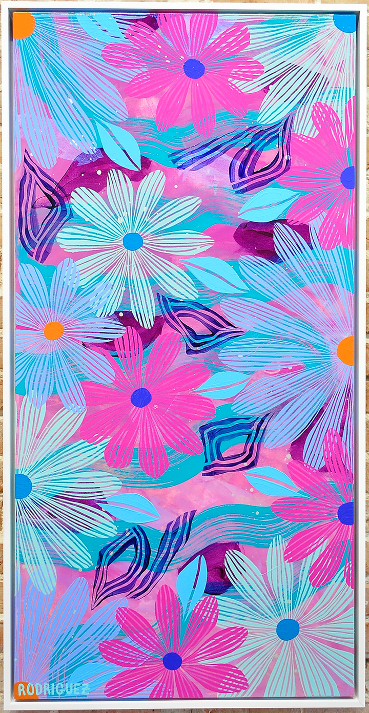 Magenta Floating Floral - Framed 25.5x49.5 on Canvas