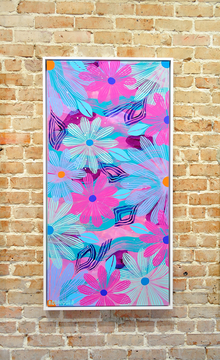 Magenta Floating Floral - Framed 25.5x49.5 on Canvas