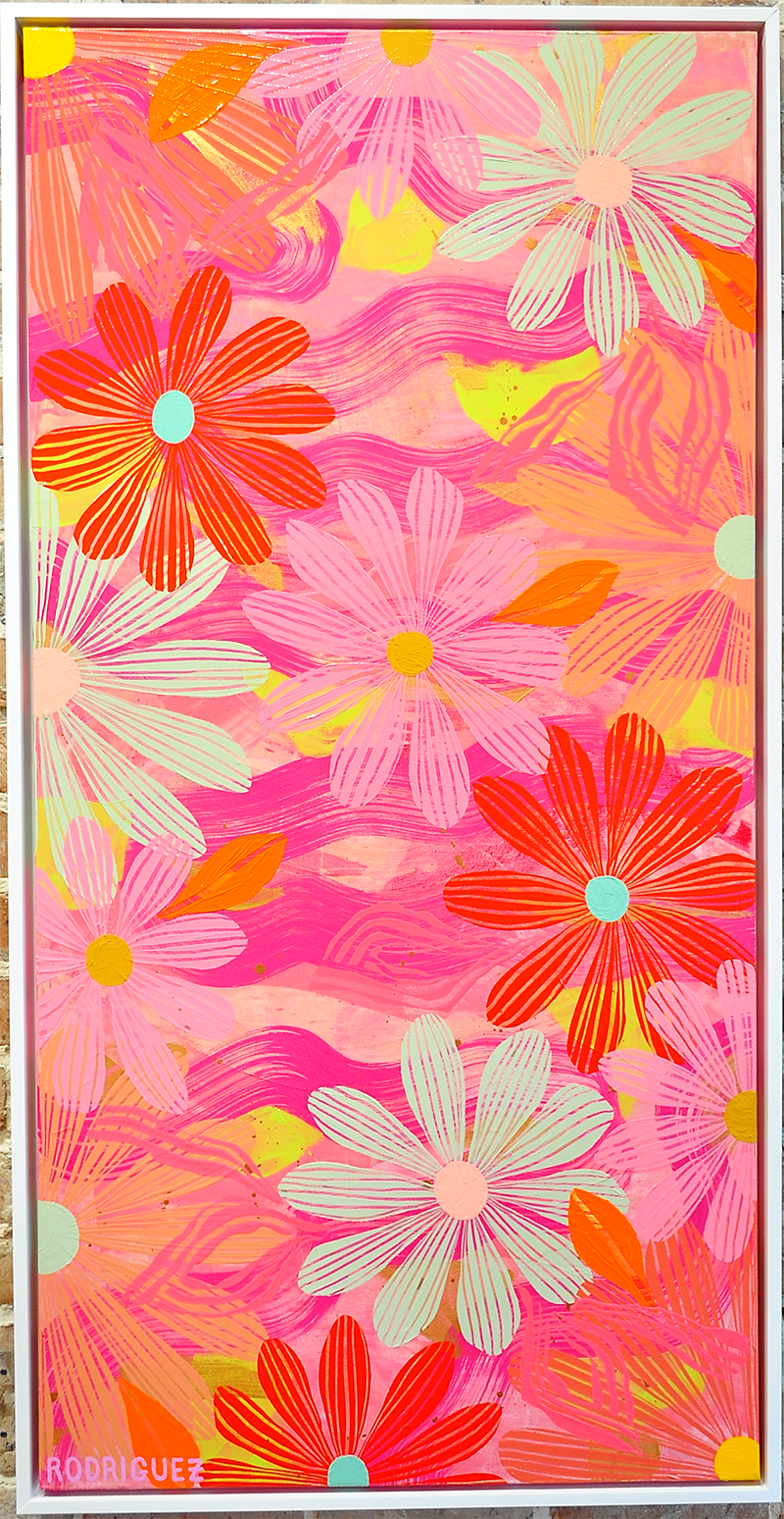 Coral Floating Floral - Framed 25.5x49.5 on Canvas
