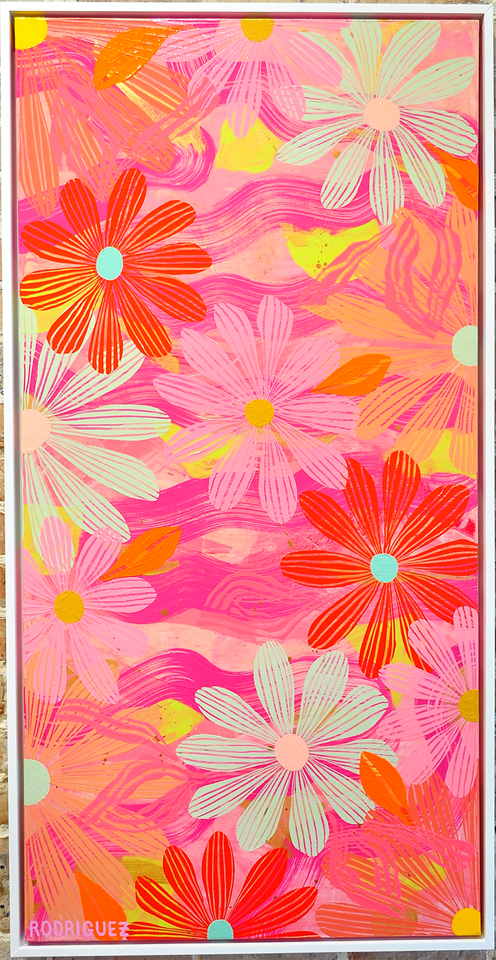 Coral Floating Floral - Framed 25.5x49.5 on Canvas