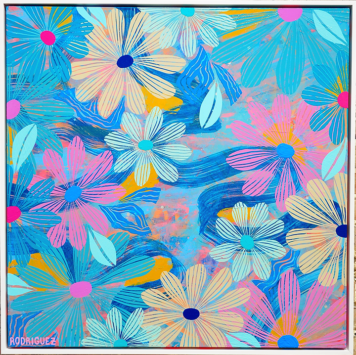 Blue Floating Floral - Framed 37.5x37.5 on Canvas