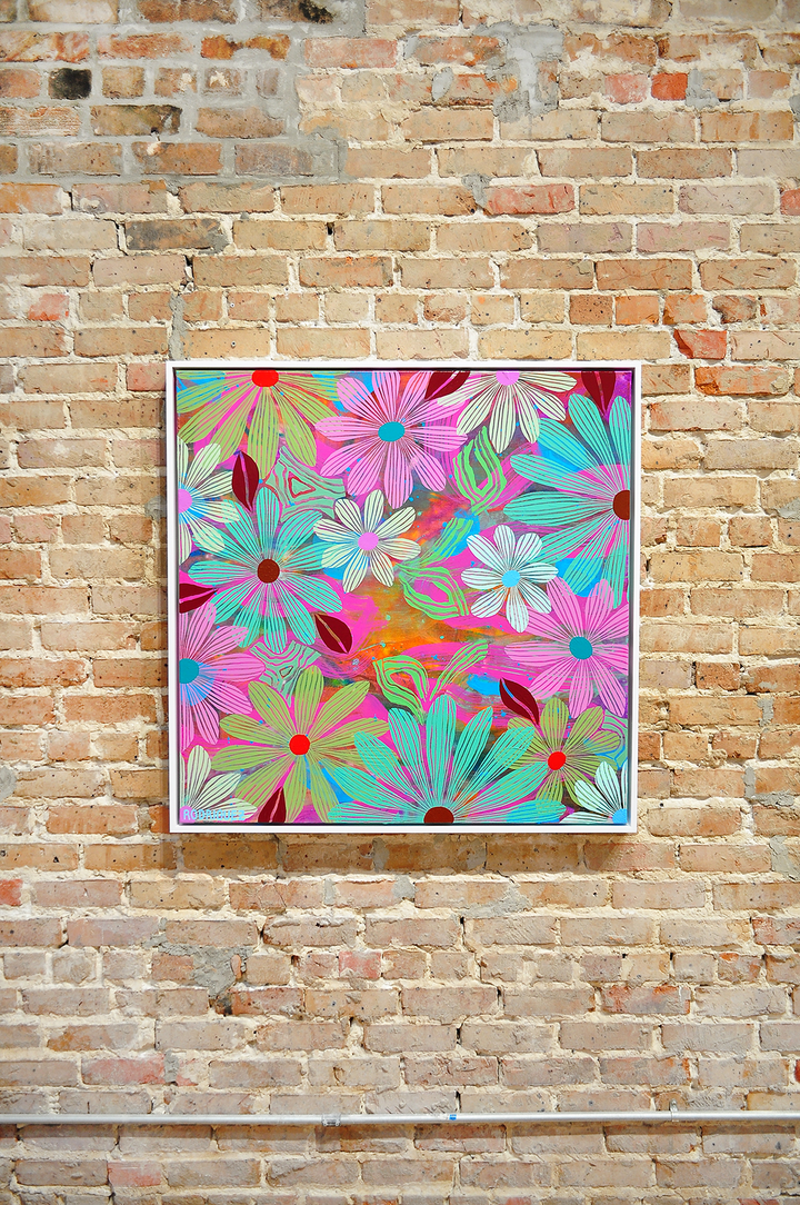 Green Floating Floral - Framed 37.5x37.5 on Canvas
