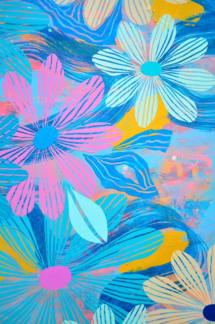 Blue Floating Floral - Framed 37.5x37.5 on Canvas