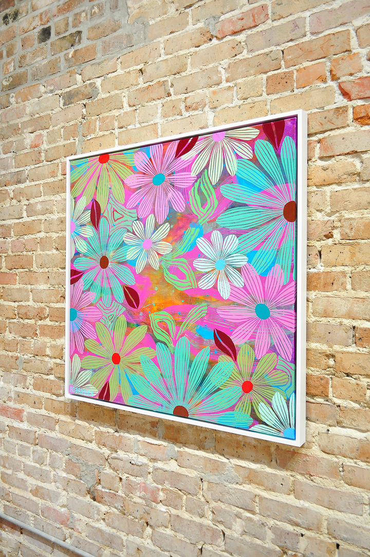 Green Floating Floral - Framed 37.5x37.5 on Canvas