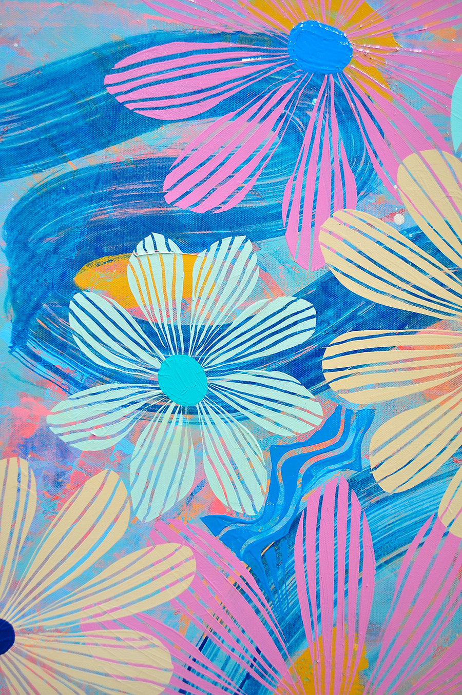 Blue Floating Floral - Framed 37.5x37.5 on Canvas