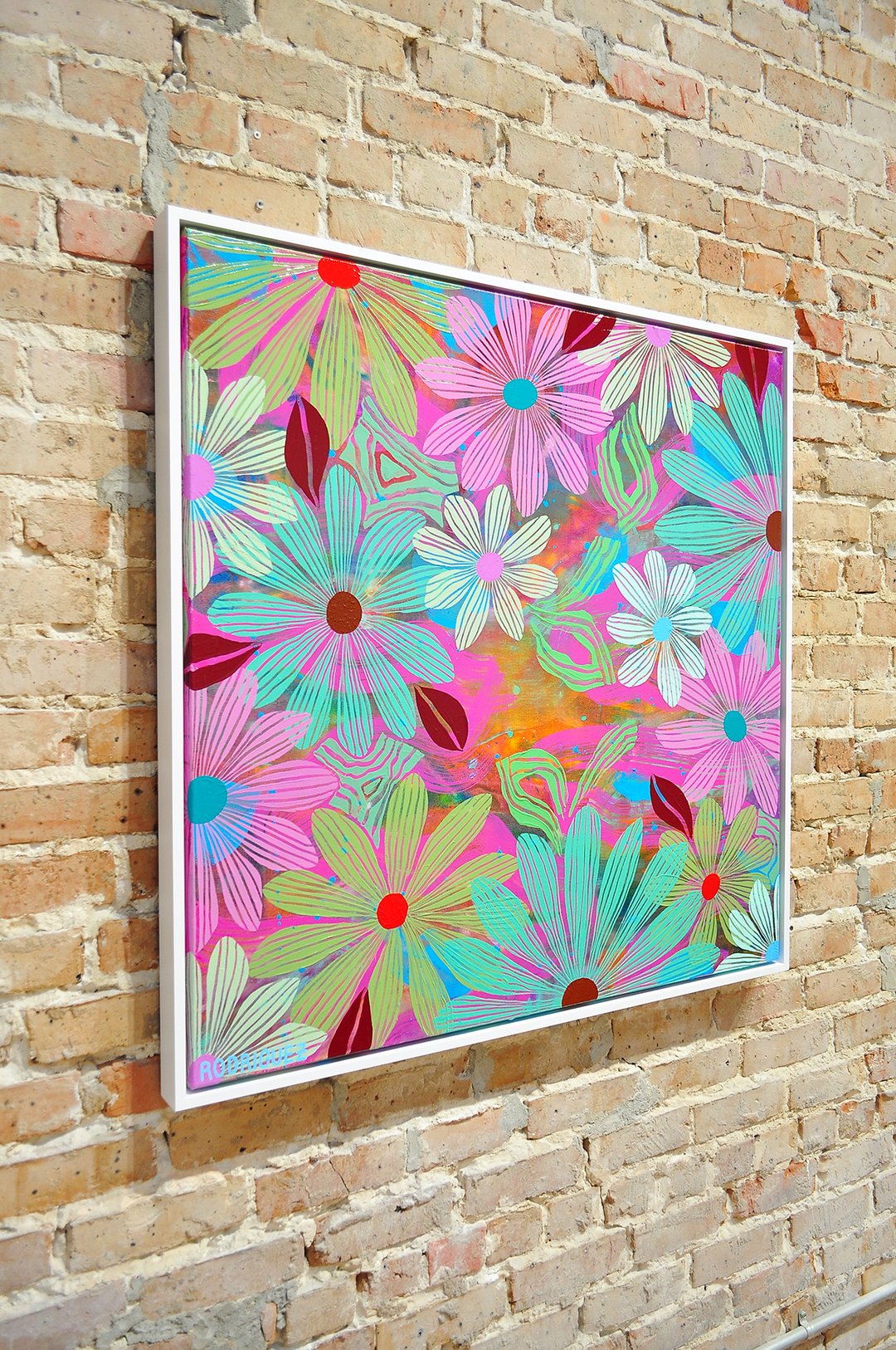 Green Floating Floral - Framed 37.5x37.5 on Canvas