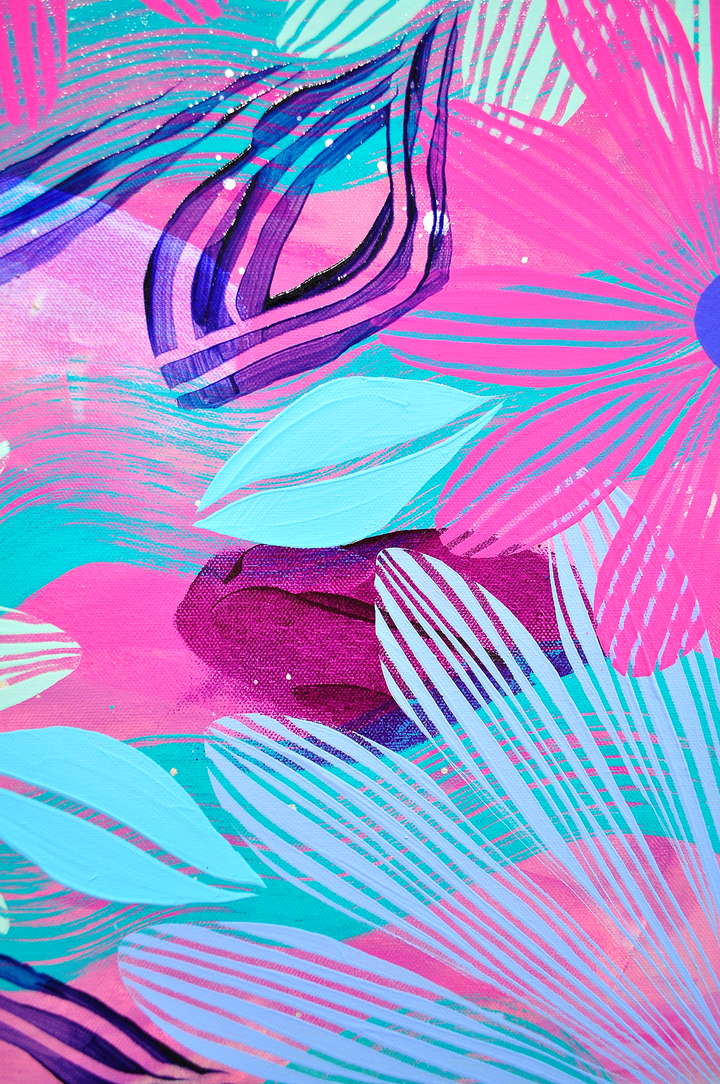 Magenta Floating Floral - Framed 25.5x49.5 on Canvas