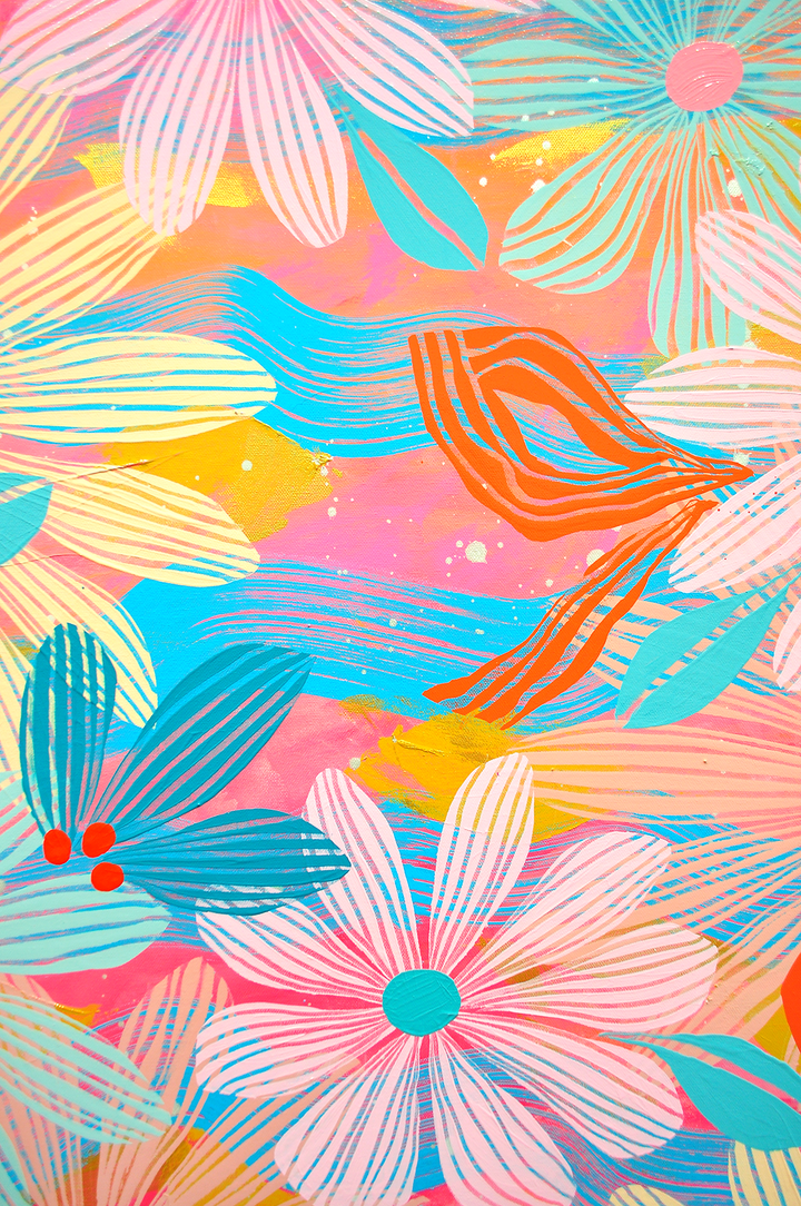 Pale Pink Floating Floral - Framed 25.5x49.5 on Canvas