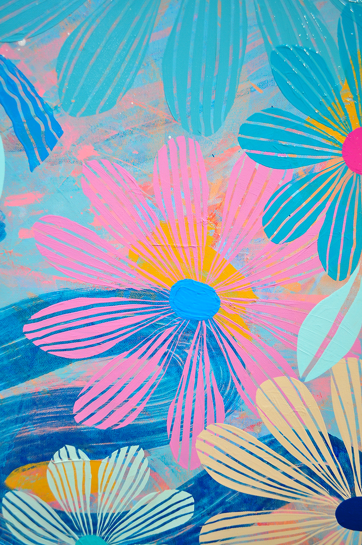 Blue Floating Floral - Framed 37.5x37.5 on Canvas