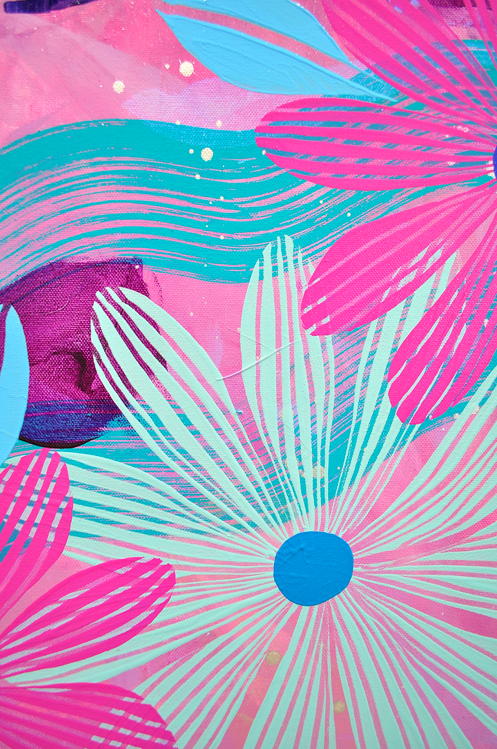 Magenta Floating Floral - Framed 25.5x49.5 on Canvas