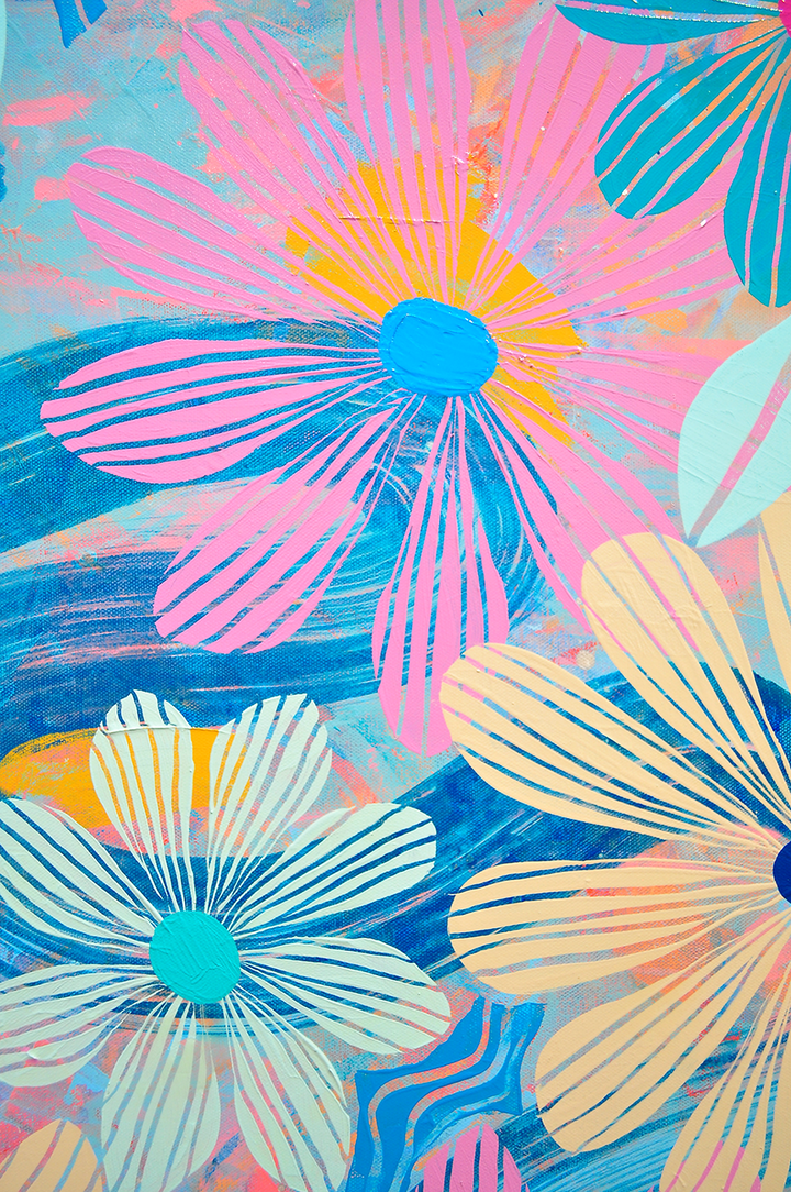 Blue Floating Floral - Framed 37.5x37.5 on Canvas
