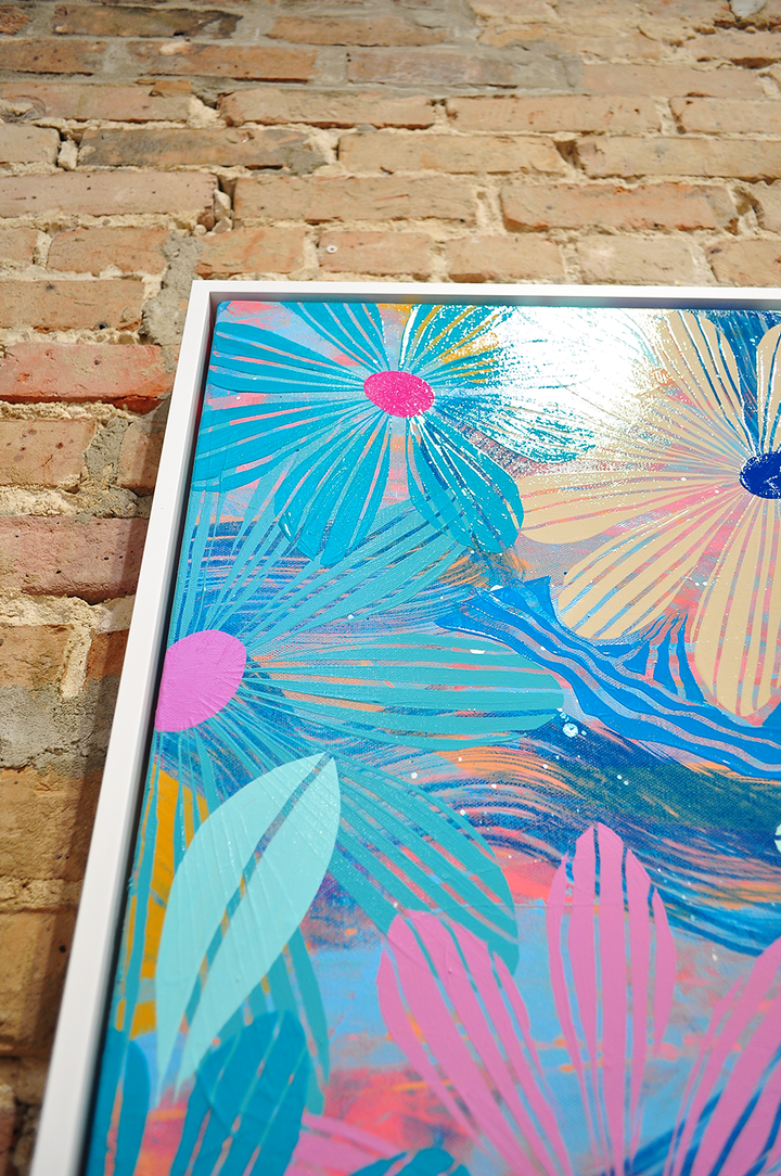 Blue Floating Floral - Framed 37.5x37.5 on Canvas