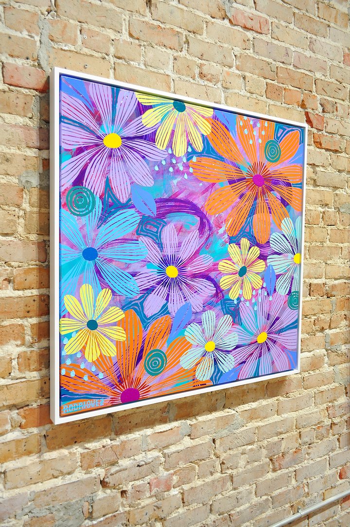 Purple Floating Floral - Framed 37.5x37.5 on Canvas
