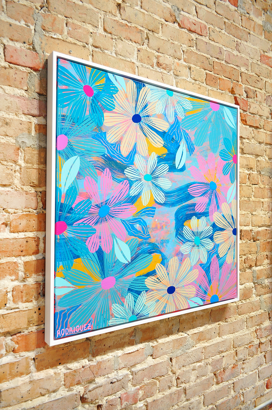 Blue Floating Floral - Framed 37.5x37.5 on Canvas