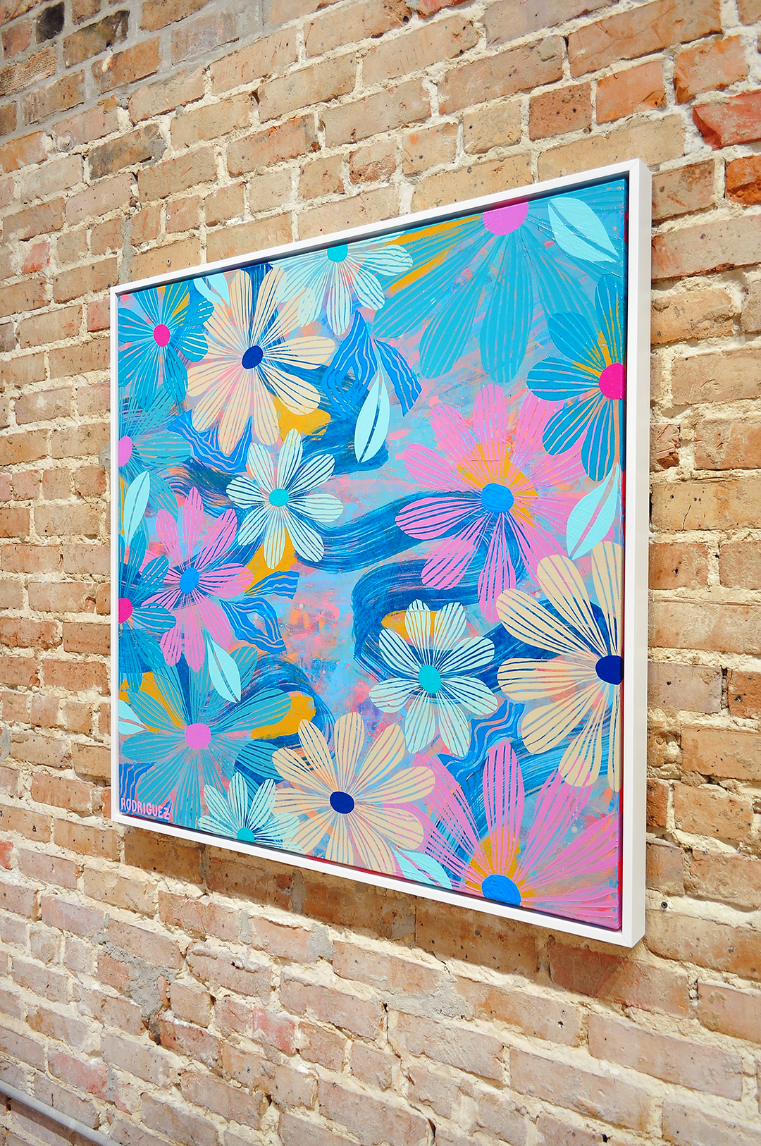Blue Floating Floral - Framed 37.5x37.5 on Canvas