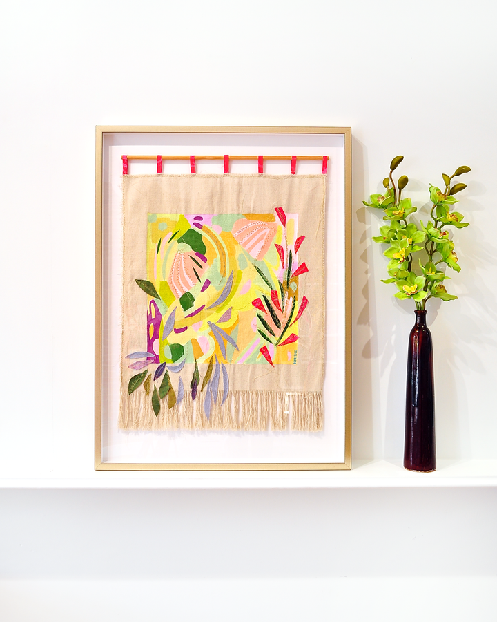 Yellow Meadow - Medium 39"x29" Framed Mixed Media Tapestry *Local Pick-Up Only Item*