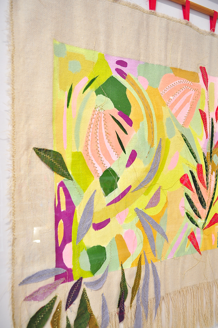 Yellow Meadow - Medium 39"x29" Framed Mixed Media Tapestry *Local Pick-Up Only Item*