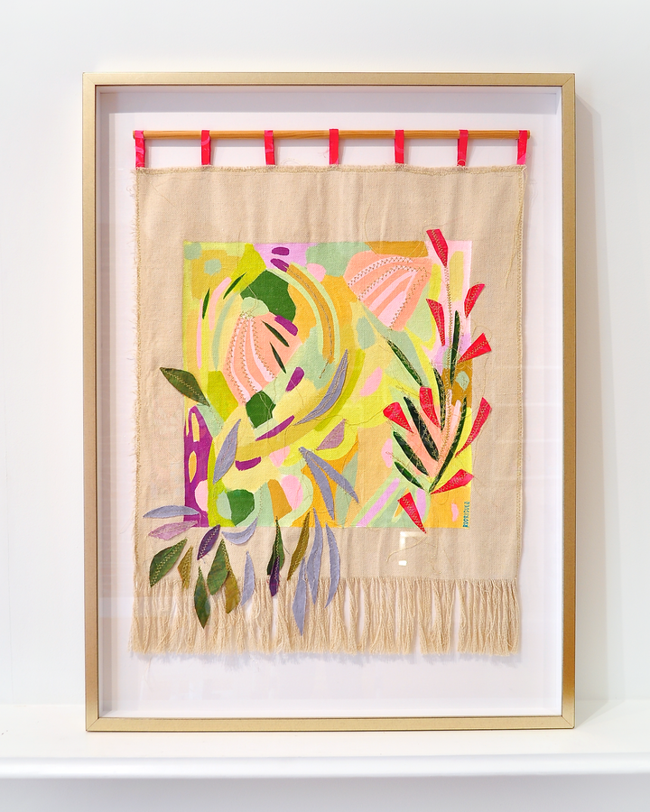 Yellow Meadow - Medium 39"x29" Framed Mixed Media Tapestry *Local Pick-Up Only Item*