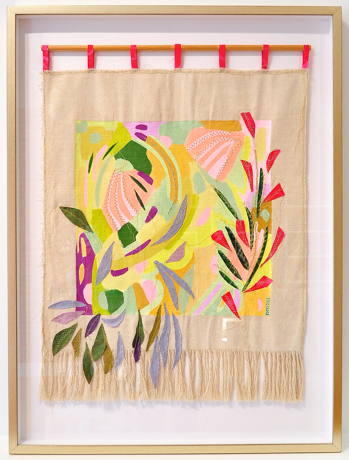 Yellow Meadow - Medium 39"x29" Framed Mixed Media Tapestry *Local Pick-Up Only Item*